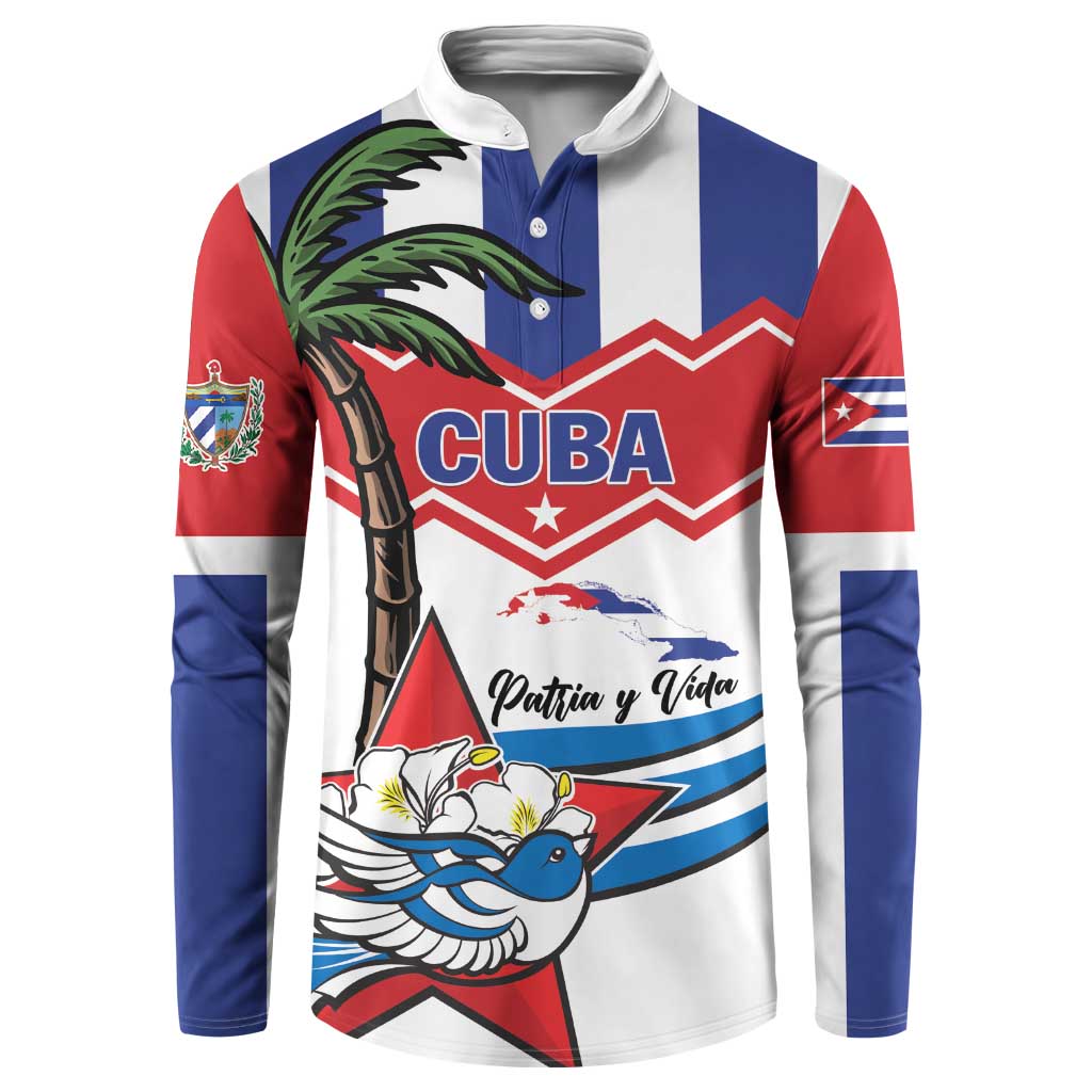 Button sweatshirt with red, blue, and white front graphic, bird artwork, and striped sleeves