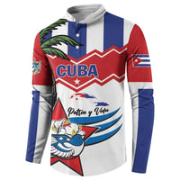 Button sweatshirt with front graphic and button placket; red, blue, and white sleeve stripes