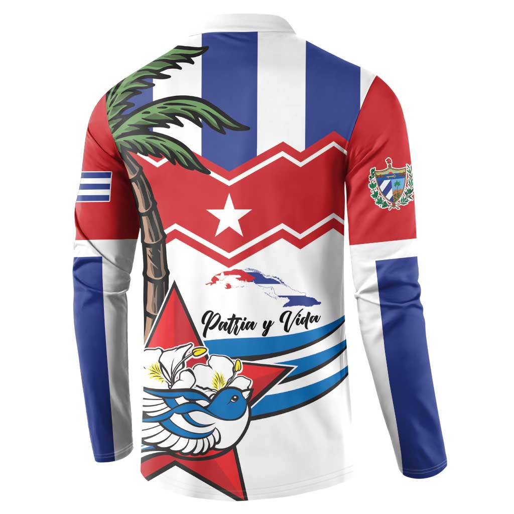 Button sweatshirt back view with palm tree and bird graphic, CUBA text, and red-blue panels