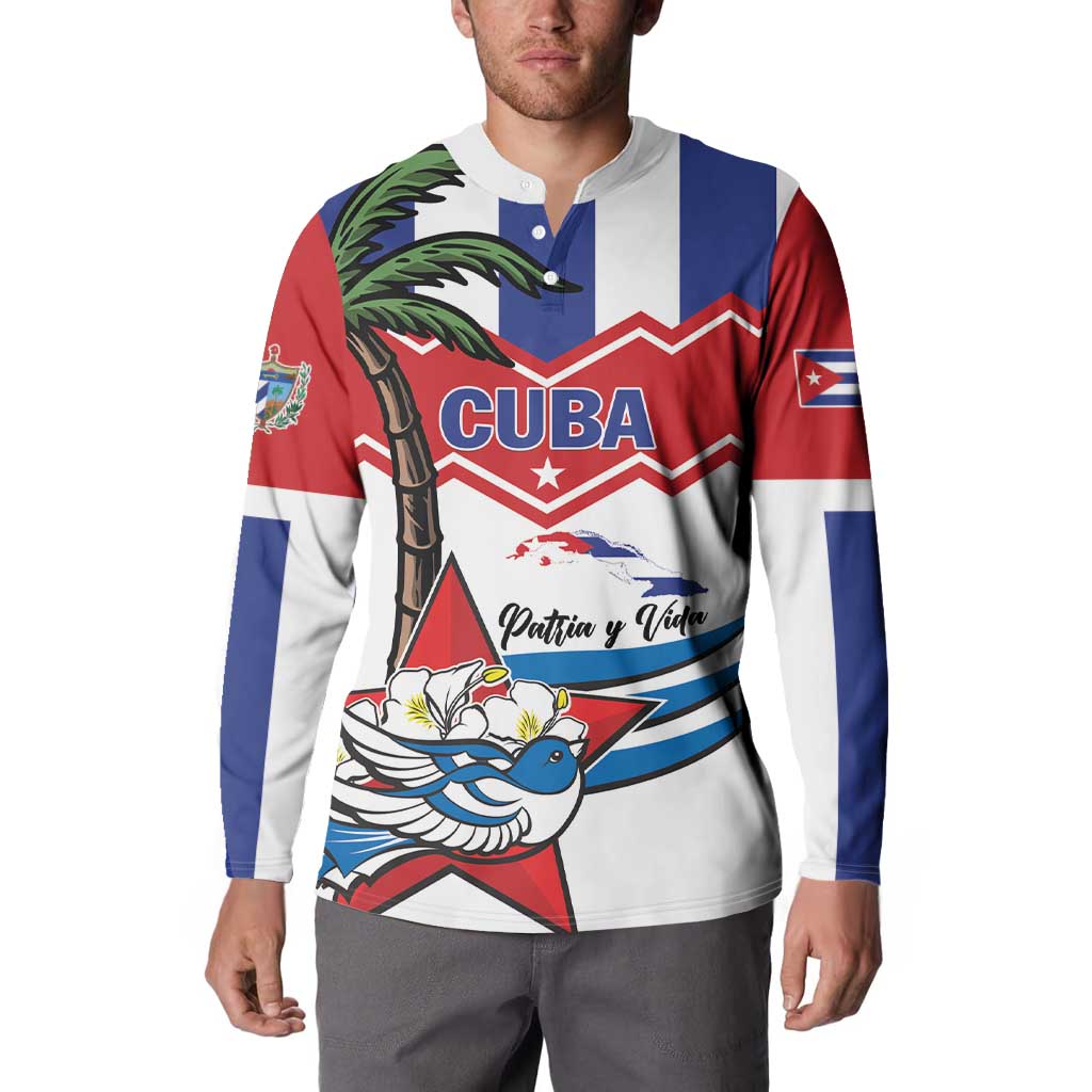 Button sweatshirt worn by model, front graphic with “Patria y Vida,” and long sleeves