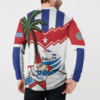 Button sweatshirt back view on model with palm and bird graphic, long sleeves, and collar
