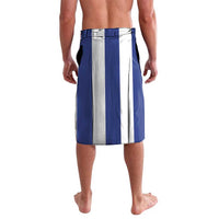 Men's blue and white vertically striped lavalava skirt with waist ties