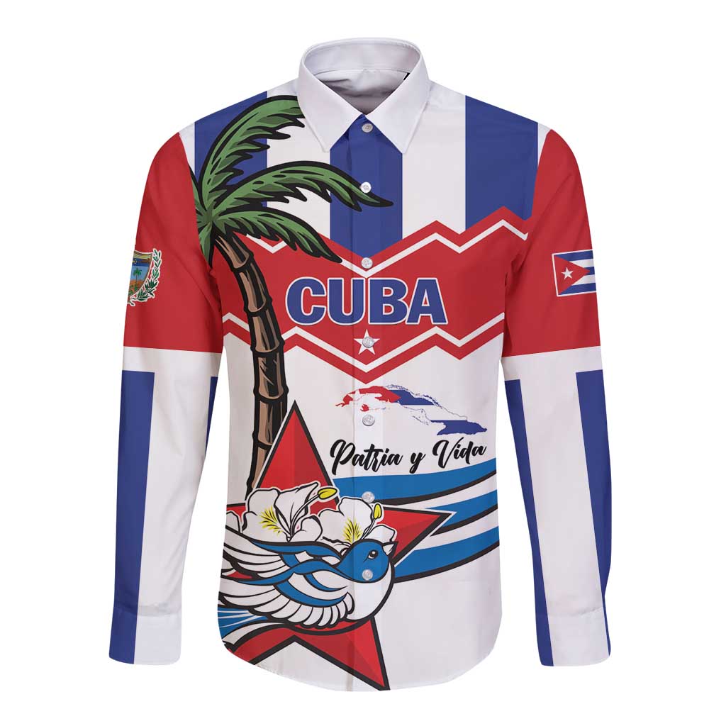 White long-sleeve button shirt with red/blue chevrons and Cuban bird & palm graphic