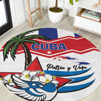 Round Cuba flag rug with blue bird, palm tree, and Patria y Vida text