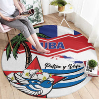 Round Cuba flag rug showing CUBA and Patria y Vida with blue bird and palm