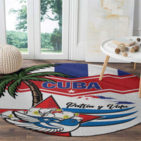 Round Cuba flag rug with CUBA lettering, wave stripes, and dove artwork