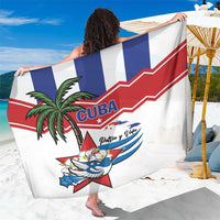 White Cuba-themed sarong with red-and-blue stripes, palm tree, and graphic crest