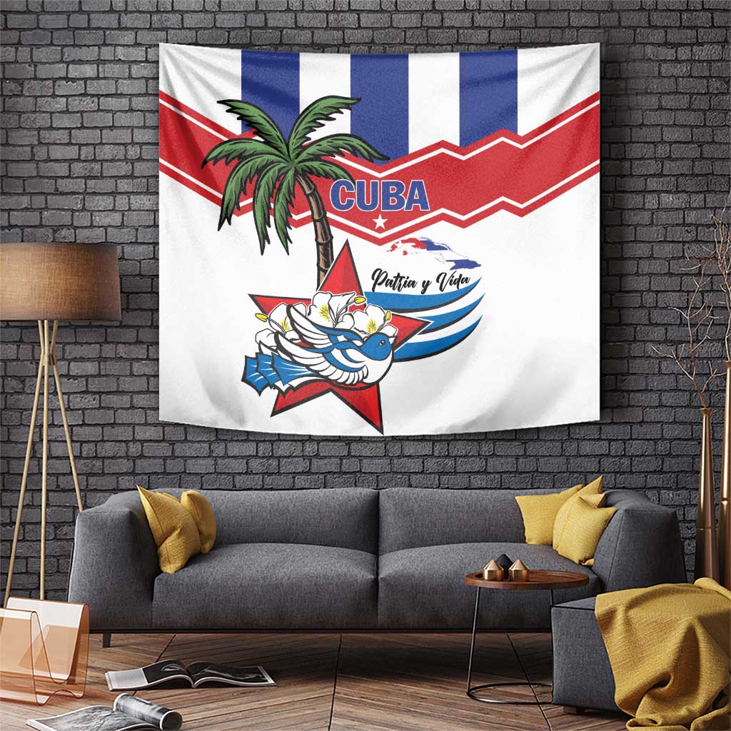Cuban flag bird tapestry with palm tree, blue wings, and red chevron stripes