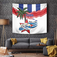 Cuban flag bird tapestry with palm tree, blue wings, and red chevron stripes