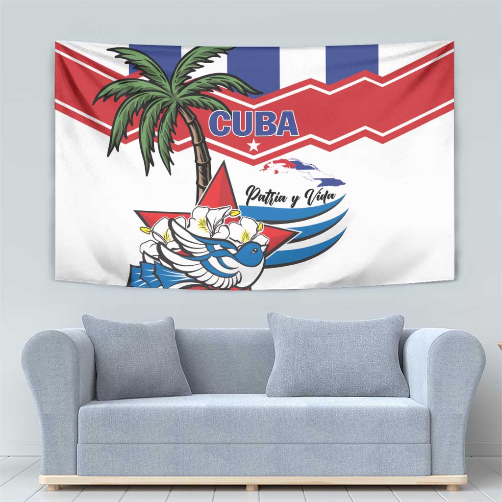 Cuban flag tapestry with CUBA lettering, palm tree, and blue bird emblem