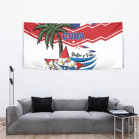 Cuban flag tapestry with palm tree, blue winged bird, and red zigzag stripes