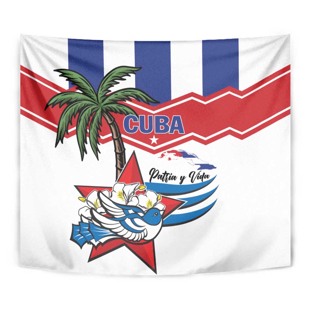 Cuban flag tapestry close-up with CUBA lettering, palm tree, and blue bird wing