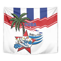 Cuban flag tapestry close-up with CUBA lettering, palm tree, and blue bird wing
