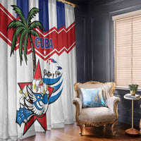 White curtain with Cuba flag print, palm tree, CUBA lettering, and Patria y Vida script