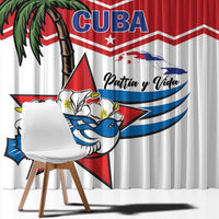 Close-up of white curtain fabric with palm tree, CUBA text, and Patria y Vida design