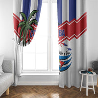 Two white window curtain panels with Cuba flag print and Patria y Vida lettering near a window