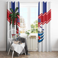 White curtains with Cuba flag graphics, palm tree, and CUBA lettering over a window