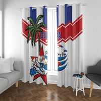 White ring-top curtain panels with Cuba flag print, palm tree, and Patria y Vida