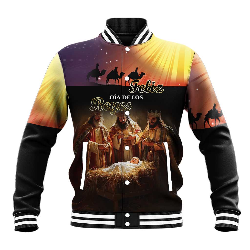 Black baseball jacket with striped collar, button front, and Three Kings front graphic.