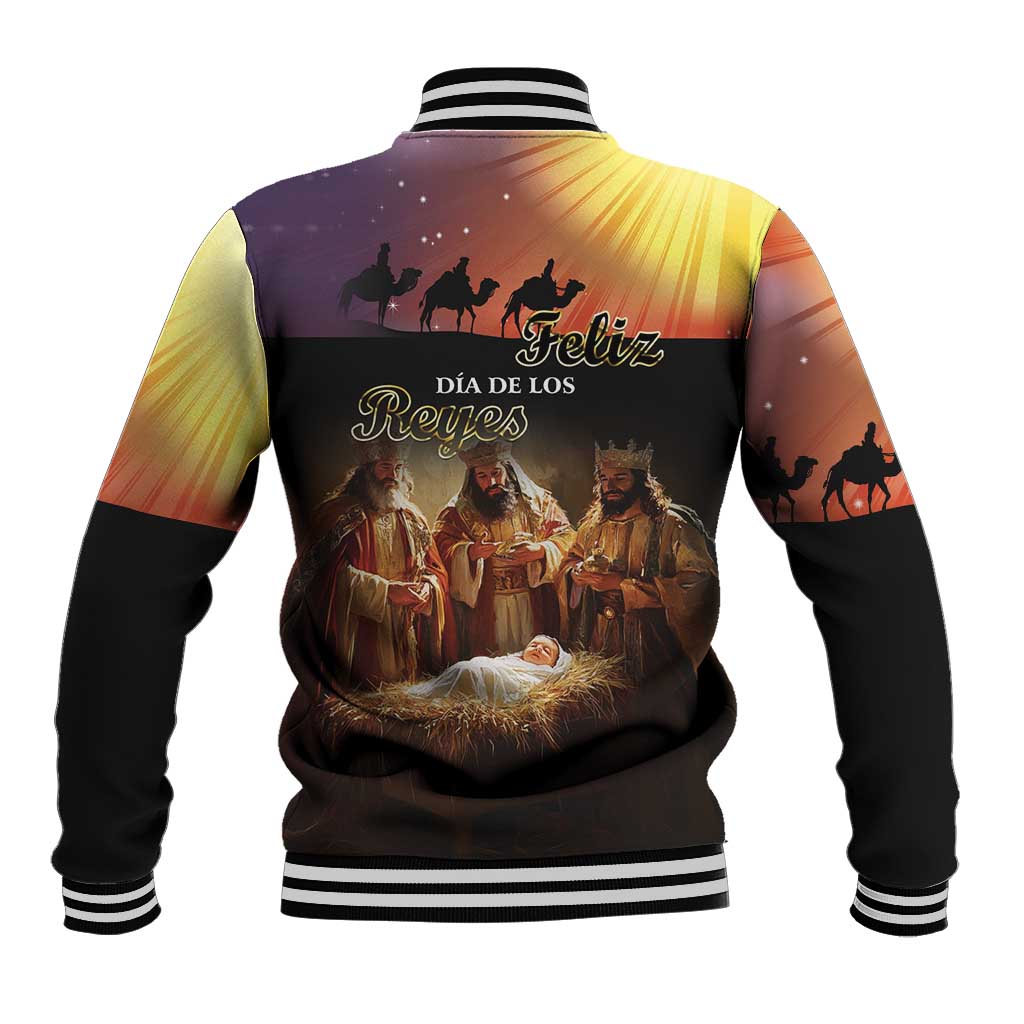 Black baseball jacket with striped ribbed collar and Three Kings back graphic.