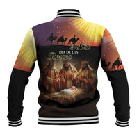Black baseball jacket with striped ribbed collar and Three Kings back graphic.
