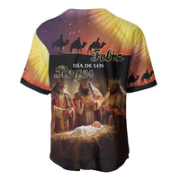 Black baseball jersey back with Three Kings Day kings and nativity print