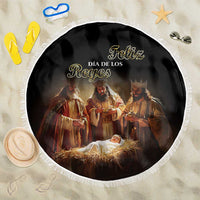 Black round beach blanket with white fringe, “Feliz Dia de los Reyes” kings scene