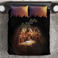Black bedding set with two purple-gold starry pillows and nativity scene