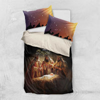 Black bedding set with purple-gold starry pillows and three kings nativity design