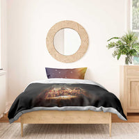 Black bedding set with two purple-gold starry pillows and duvet featuring three kings nativity