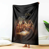 Black Three Kings Day blanket with Epiphany design and Three Kings over baby Jesus