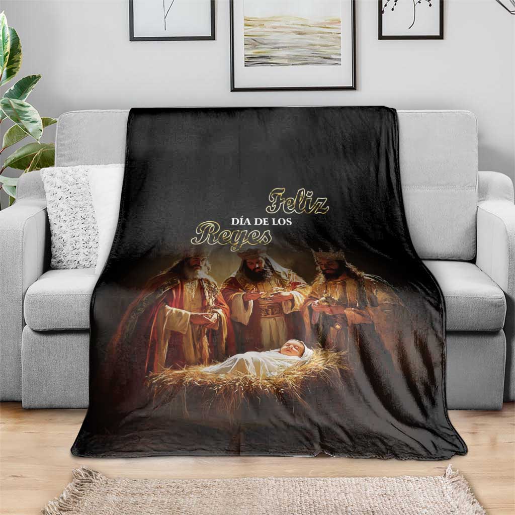 Black Three Kings Day blanket with kings and nativity graphic