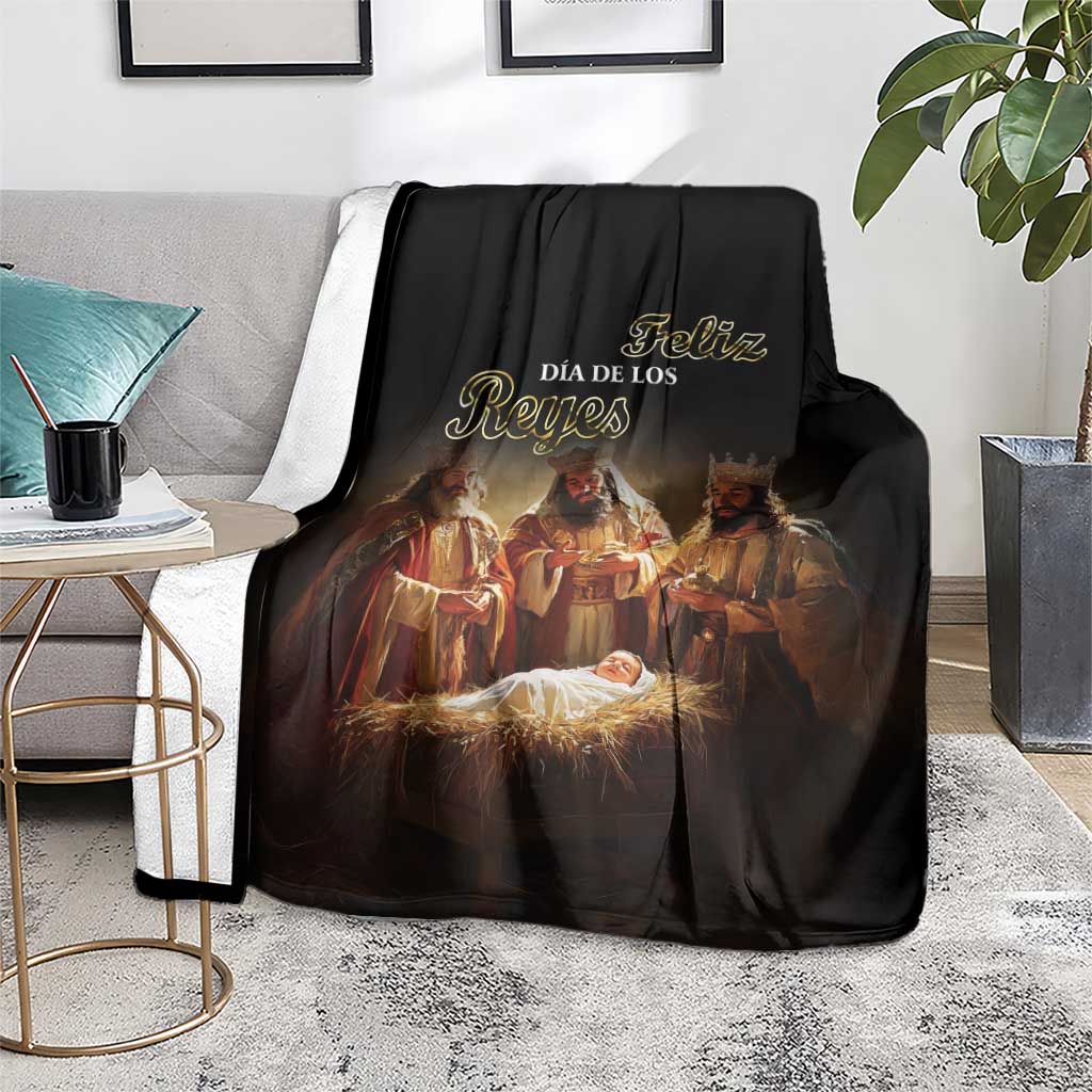 Black Three Kings Day blanket with Epiphany nativity-style graphic