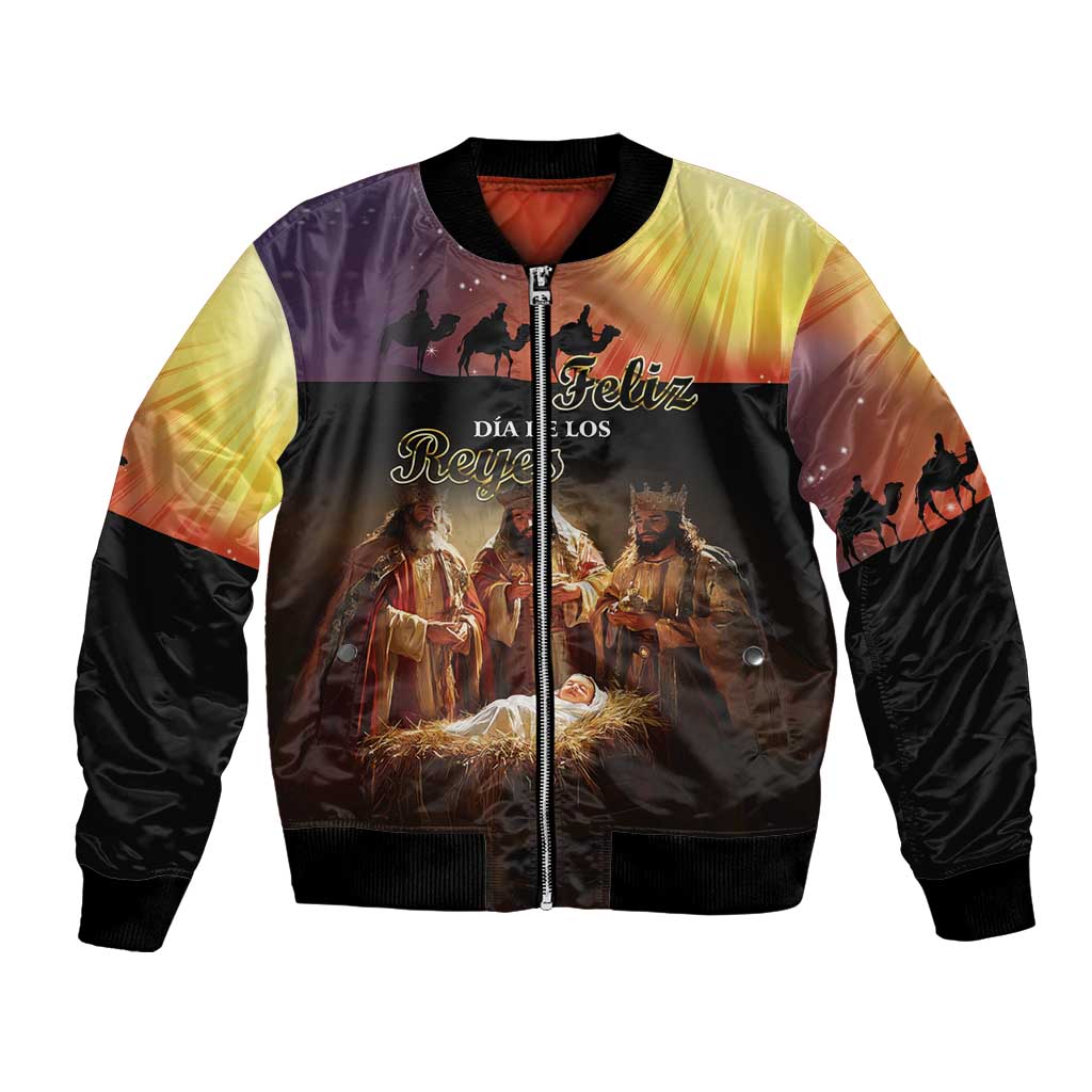 Black bomber jacket with Three Kings Day print, zip front, and ribbed cuffs