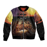 Black bomber jacket with Three Kings Day print, zip front, and ribbed cuffs