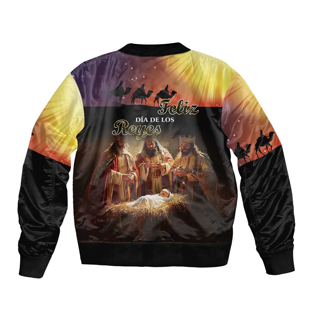 Black bomber jacket with Three Kings Day graphic on back