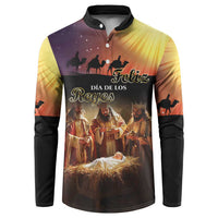 Men's button henley sweatshirt with dark base and 'Feliz Dia de los Reyes' print
