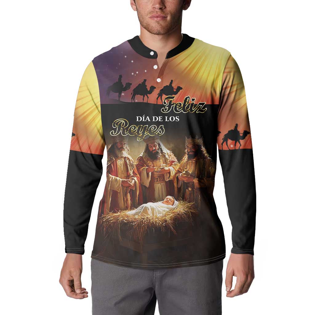 Men's button henley sweatshirt, long sleeves, dark base with nativity graphic and buttons