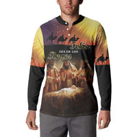Men's button henley sweatshirt, long sleeves, dark base with nativity graphic and buttons