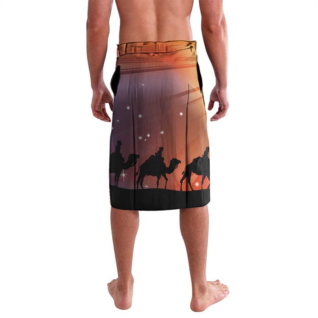 Back view printed swim shorts with elastic waist, purple/orange sunset and camel silhouettes