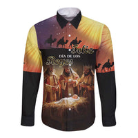 Long sleeve button shirt, black with colorful Dia de los Reyes front print