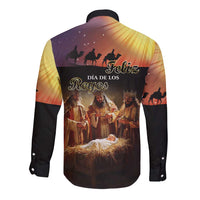 Long sleeve button shirt, black with colorful Dia de los Reyes back graphic