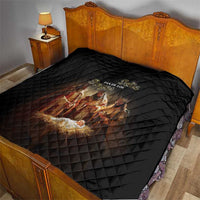 Black bed quilt with diamond stitching and Feliz Dia de los Reyes Nativity artwork