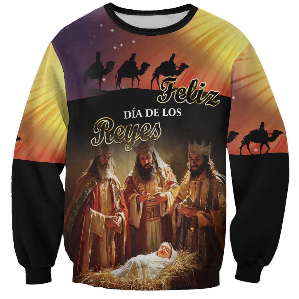 Unisex crewneck sweatshirt with nativity kings graphic, long sleeves, black cuffs