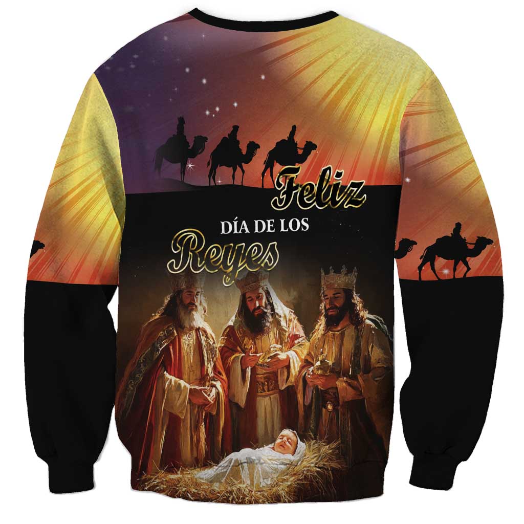 Unisex crewneck sweatshirt with colorful nativity scene graphic, long sleeves, black cuffs