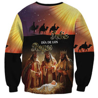 Unisex crewneck sweatshirt with colorful nativity scene graphic, long sleeves, black cuffs