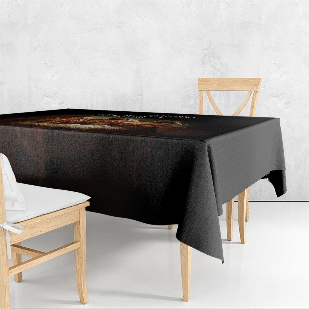 Black tablecloth with corner seam and straight drape on dining table