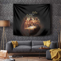 Black Three Kings Day tapestry with three kings and baby Jesus in a lit manger