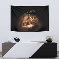 Black Three Kings Day tapestry with kings gathered around baby Jesus
