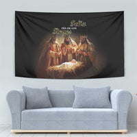 Black Three Kings Day tapestry with Nativity scene and Feliz Día de los Reyes text